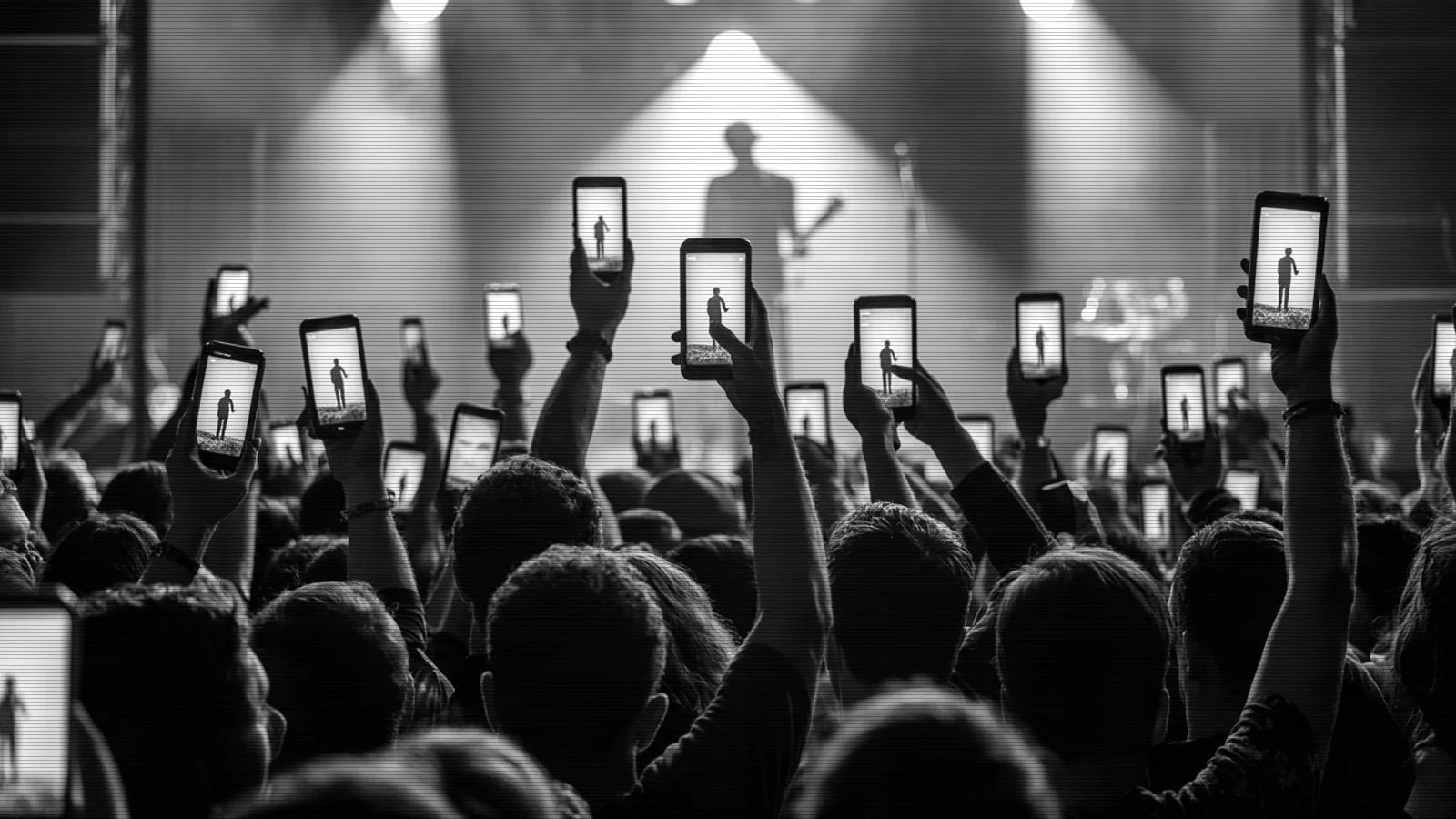Une foule en concert, de dos, des dizaines de téléphones levés vers la scène, tous allumés sur la même story